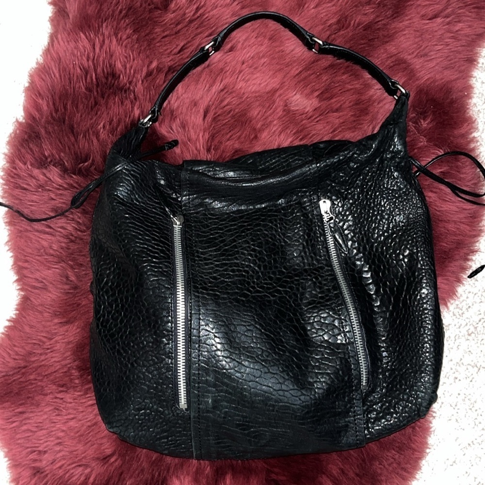 Olivia Harris Black Textured Leather Zippered Hobo Large Handbag 17”x17”